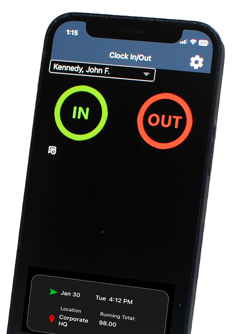 TimePilot's Mobile App: Clock in individuals or entire teams anywhere.